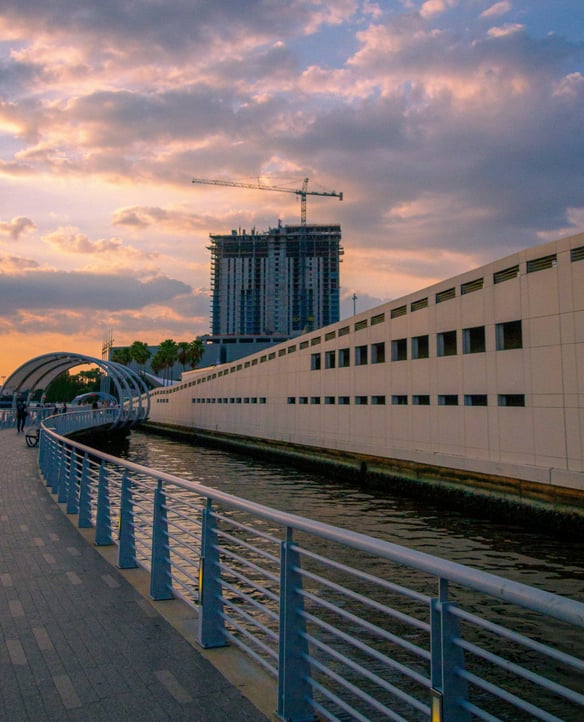 Tampa Riverwalk at golden sunset